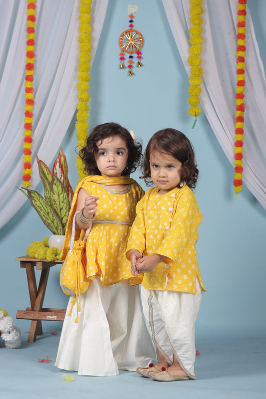 Golden Glow Twinning Set| Kurta Dhoti for Boys & Sharara set for Girls