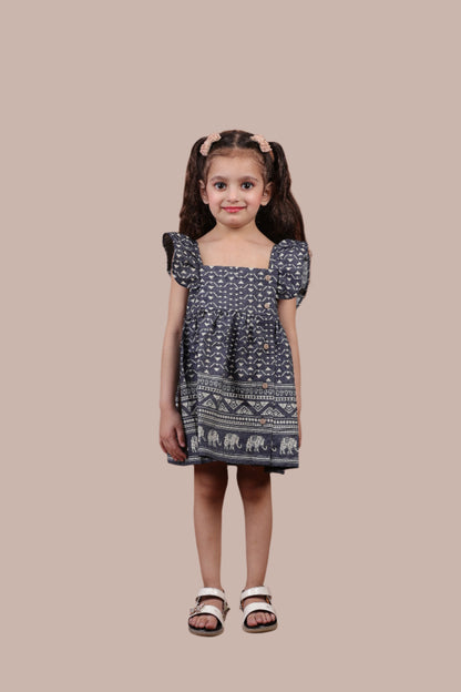 Cotton Denim Safari Ruffle Frock
