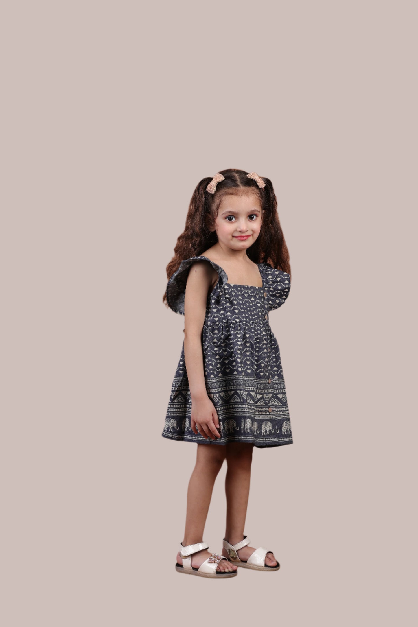 Cotton Denim Safari Ruffle Frock