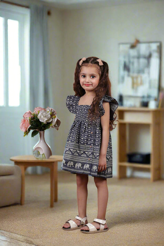 Cotton Denim Safari Ruffle Frock