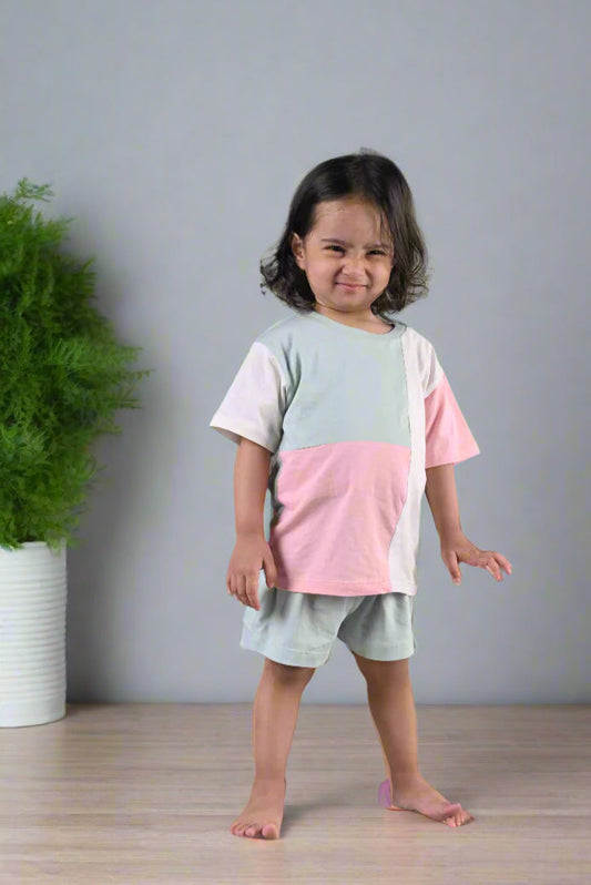 Colorblock playset with mint shorts- Supima cotton Loose Fit T-shirt & Shorts set