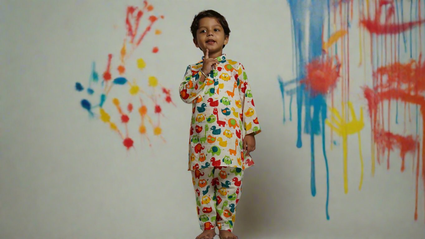 Little Animal Parade Kurta cum Co-ord Set: Boy Cub Standing