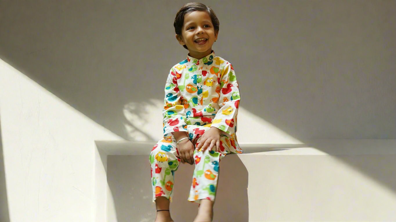 Little Animal Parade Kurta cum Co-ord Set: Boy Cub Sitting