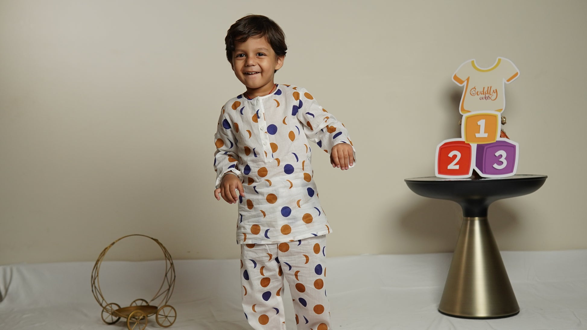 Moonlit Dots Kurta cum Co-ord Set:Boy Cub Inclining