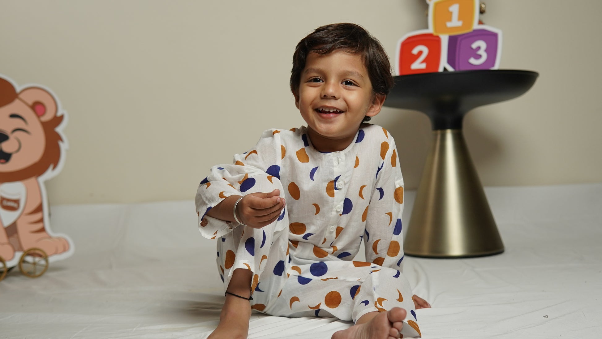 Moonlit Dots Kurta cum Co-ord Set:Boy cub sitting
