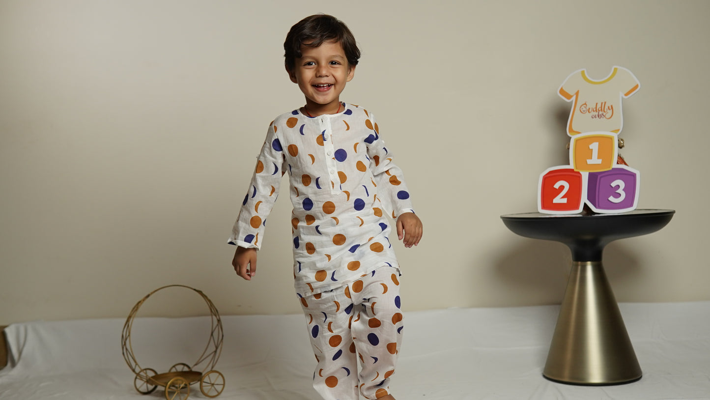 Moonlit Dots Kurta cum Co-ord Set:Boy cub walking