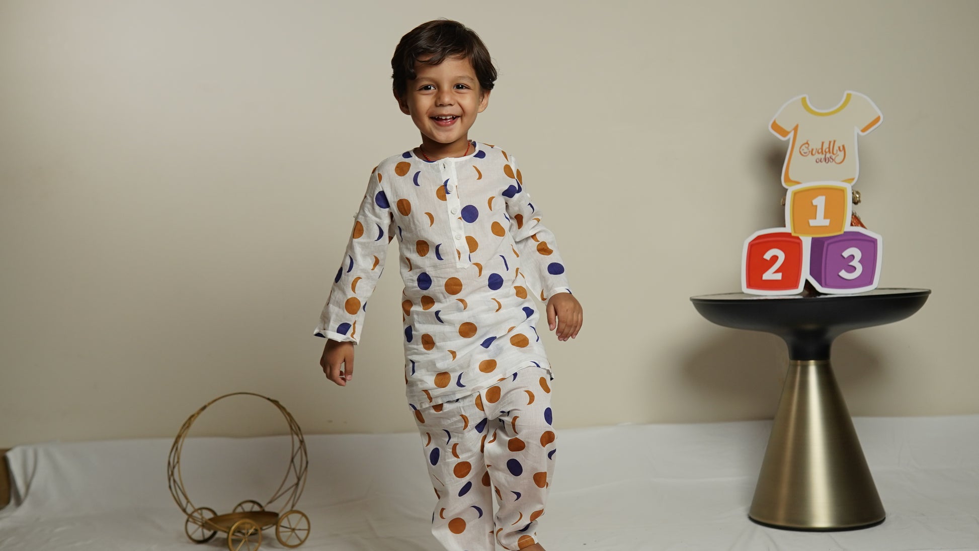 Moonlit Dots Kurta cum Co-ord Set:Boy cub walking