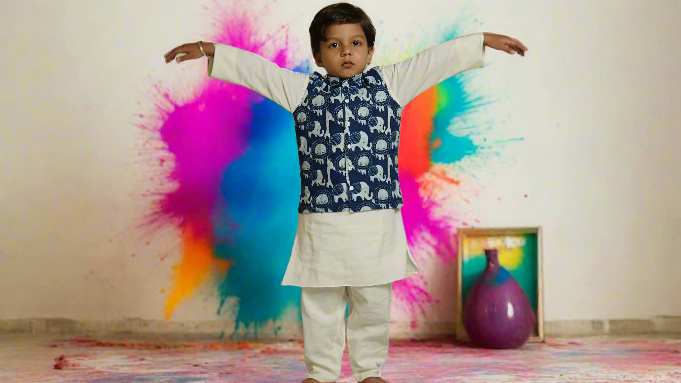 Royal Blue Safari Jacket Set (With Kurta Pajama):Boy cub hands spread