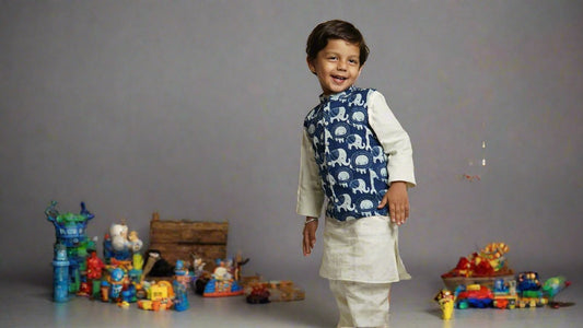 Royal Blue Safari Jacket Set (With Kurta Pajama): Boy and girl cubs in a frame