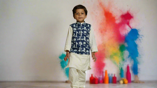 Royal Blue Safari Jacket Set (With Kurta Pajama):Boy cub standing