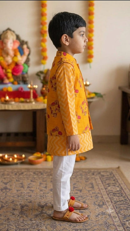Cuddly Cubs Boys Yellow Ganesha Print Nehru Jacket with Chevron Kurta & Pajama Set