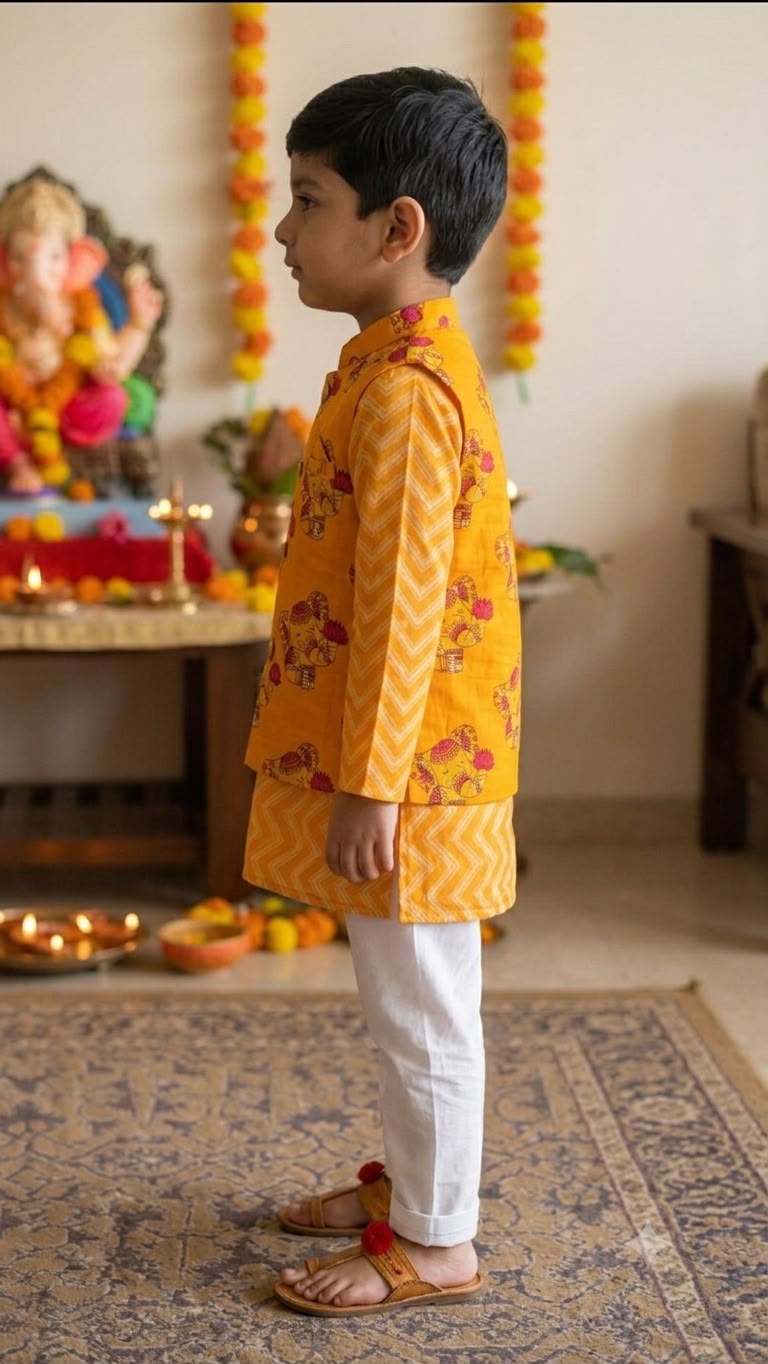 Cuddly Cubs Boys Yellow Ganesha Print Nehru Jacket with Chevron Kurta & Pajama Set