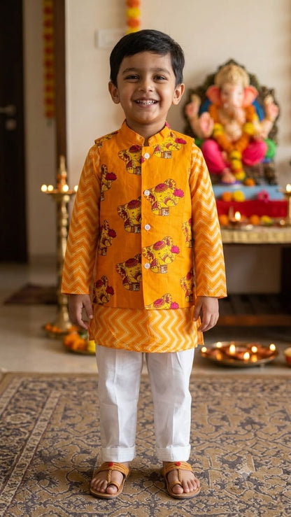 Cuddly Cubs Boys Yellow Ganesha Print Nehru Jacket with Chevron Kurta & Pajama Set