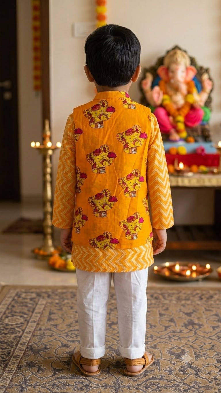 Cuddly Cubs Boys Yellow Ganesha Print Nehru Jacket with Chevron Kurta & Pajama Set