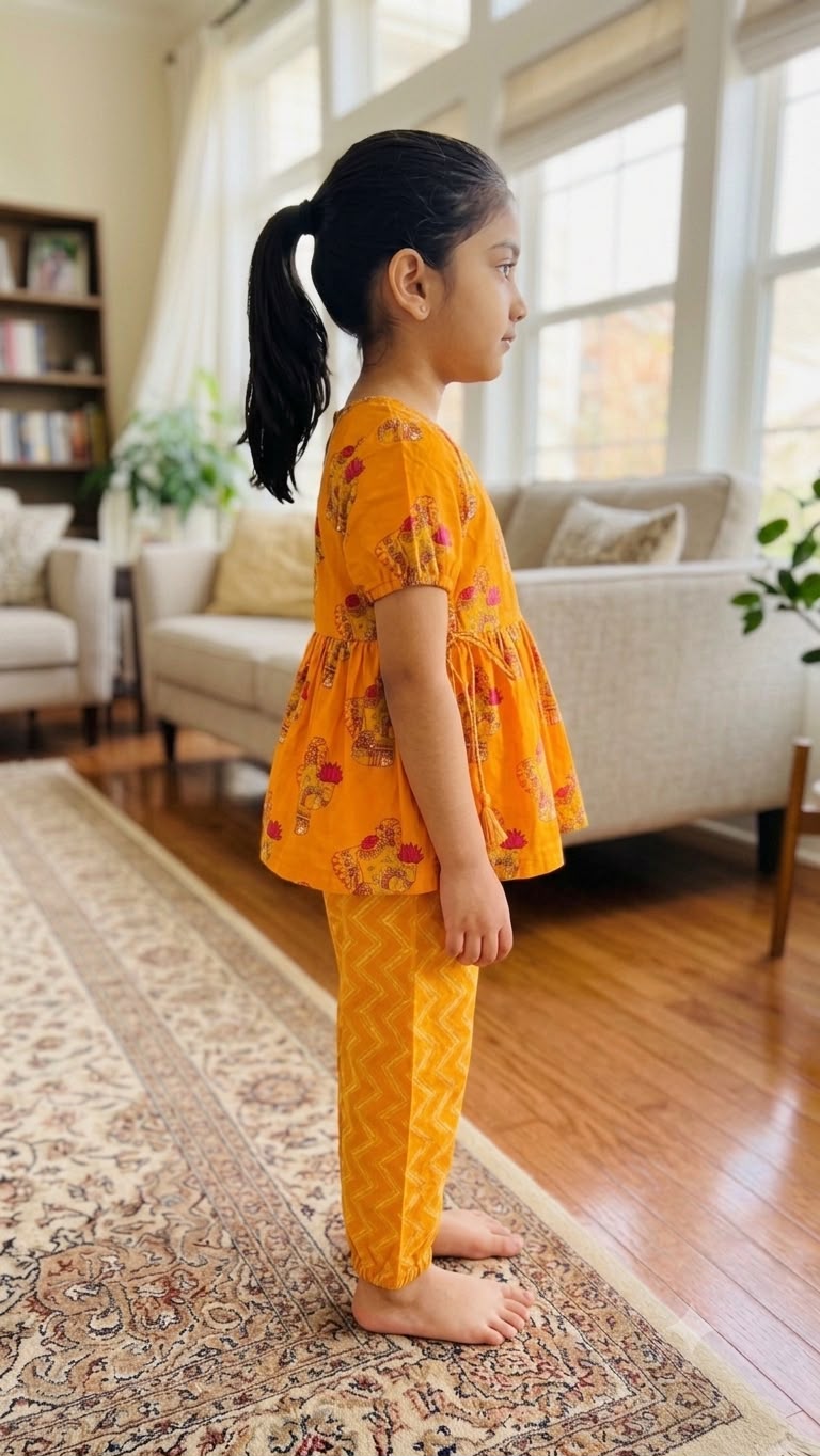 Cuddly Cubs Girls Ganesha Print Angrakha Kurti with Chevron Harem Pants Set
