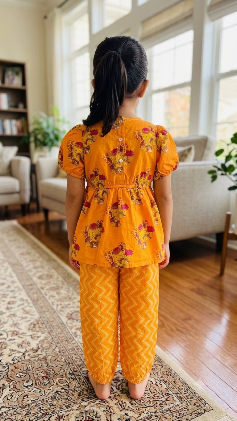 Cuddly Cubs Girls Ganesha Print Angrakha Kurti with Chevron Harem Pants Set