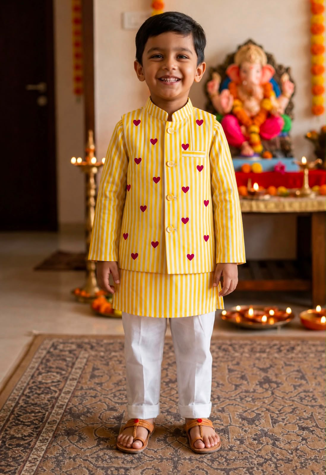 Cuddly Cubs Boys Sunshine Hearts Nehru Jacket with Striped Kurta & Pyjama Set
