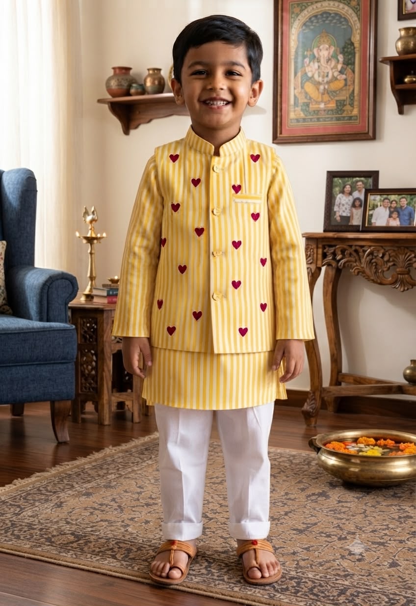 Cuddly Cubs Boys Sunshine Hearts Nehru Jacket with Striped Kurta & Pyjama Set