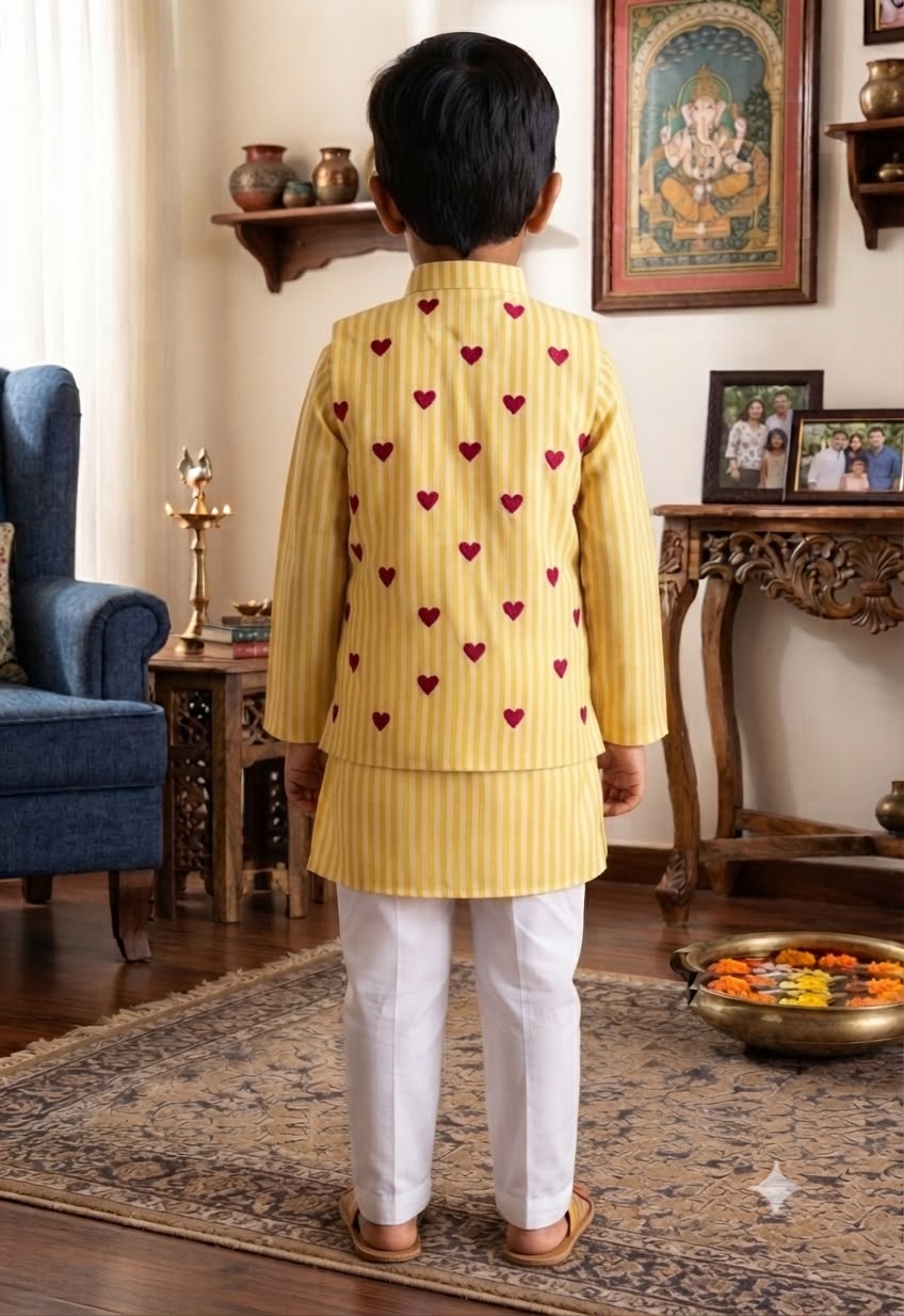 Cuddly Cubs Boys Sunshine Hearts Nehru Jacket with Striped Kurta & Pyjama Set