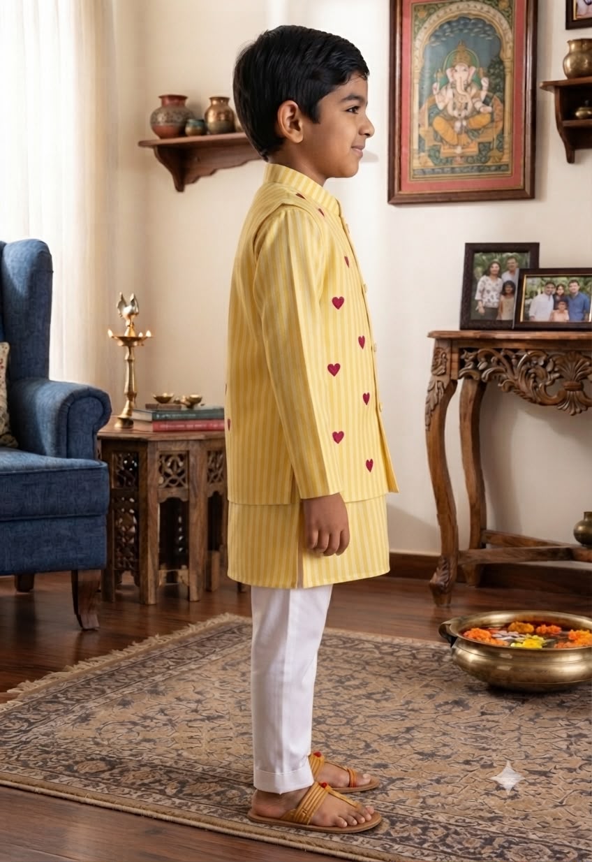 Cuddly Cubs Boys Sunshine Hearts Nehru Jacket with Striped Kurta & Pyjama Set