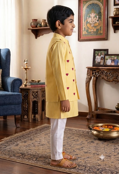 Cuddly Cubs Boys Sunshine Hearts Nehru Jacket with Striped Kurta & Pyjama Set