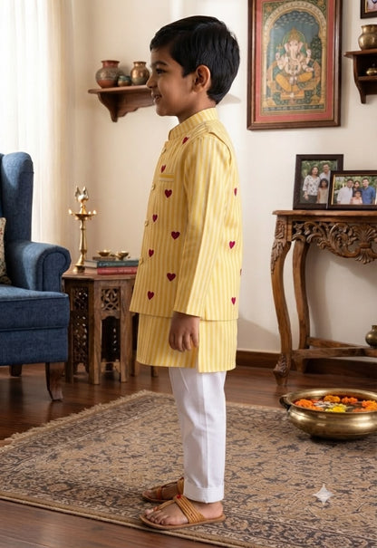 Cuddly Cubs Boys Sunshine Hearts Nehru Jacket with Striped Kurta & Pyjama Set