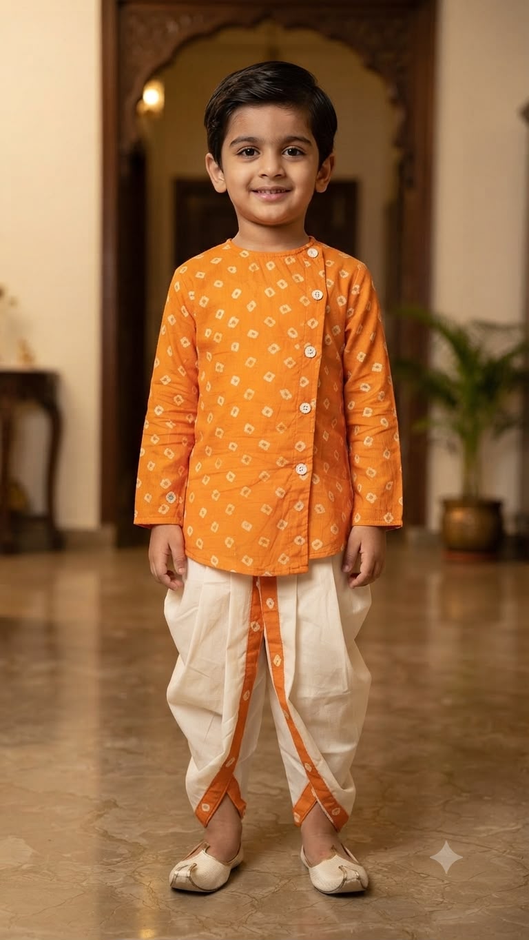 Cuddly Cubs Boys Saffron Bandhani Kurta & Dhoti Set