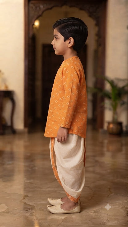 Cuddly Cubs Boys Saffron Bandhani Kurta & Dhoti Set