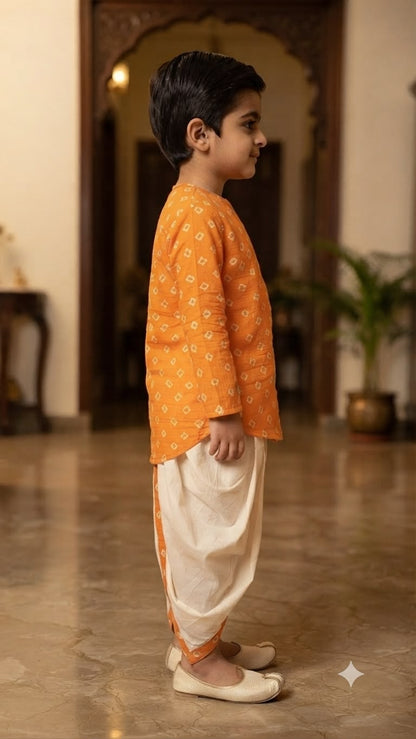 Cuddly Cubs Boys Saffron Bandhani Kurta & Dhoti Set