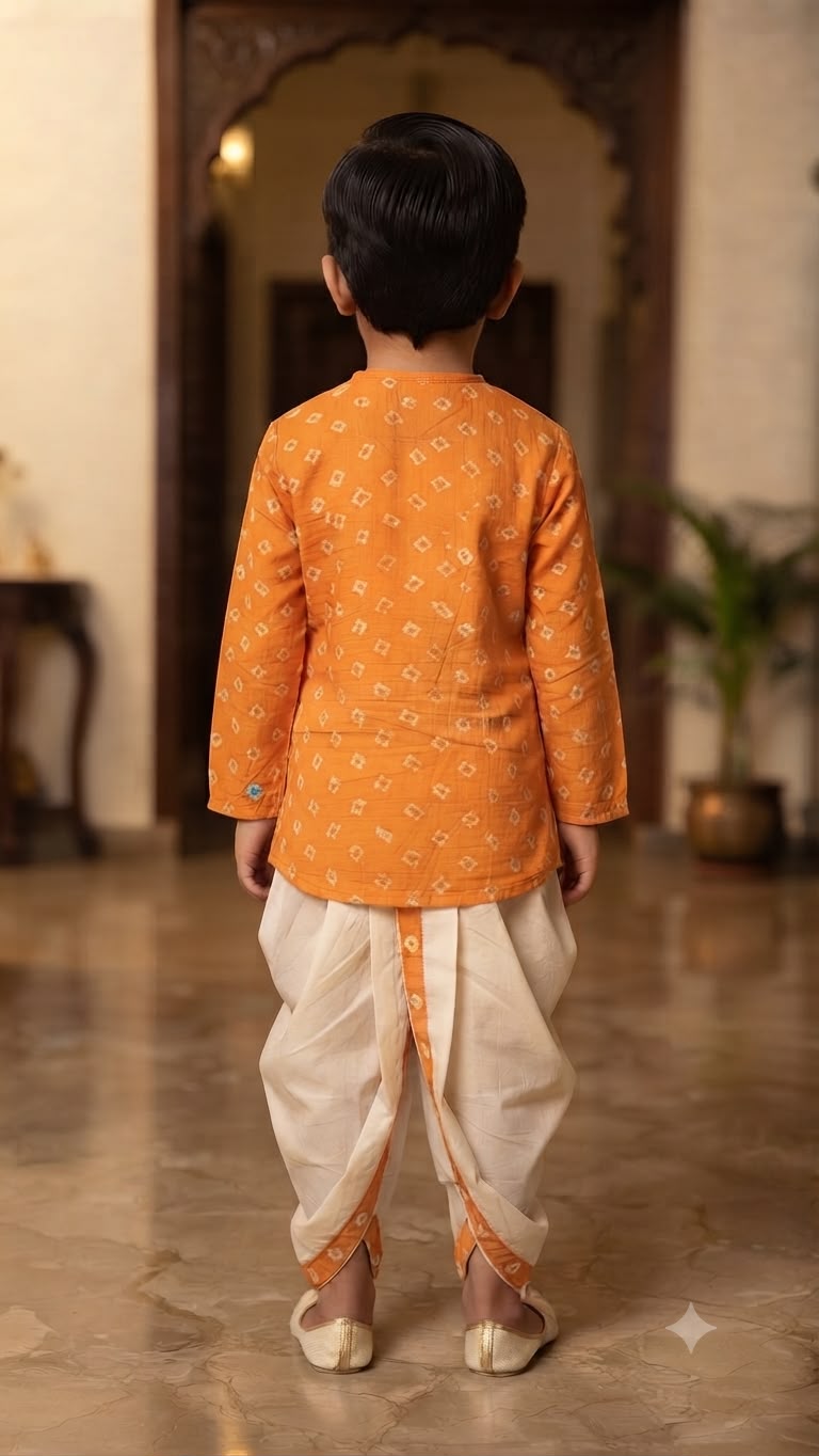 Cuddly Cubs Boys Saffron Bandhani Kurta & Dhoti Set