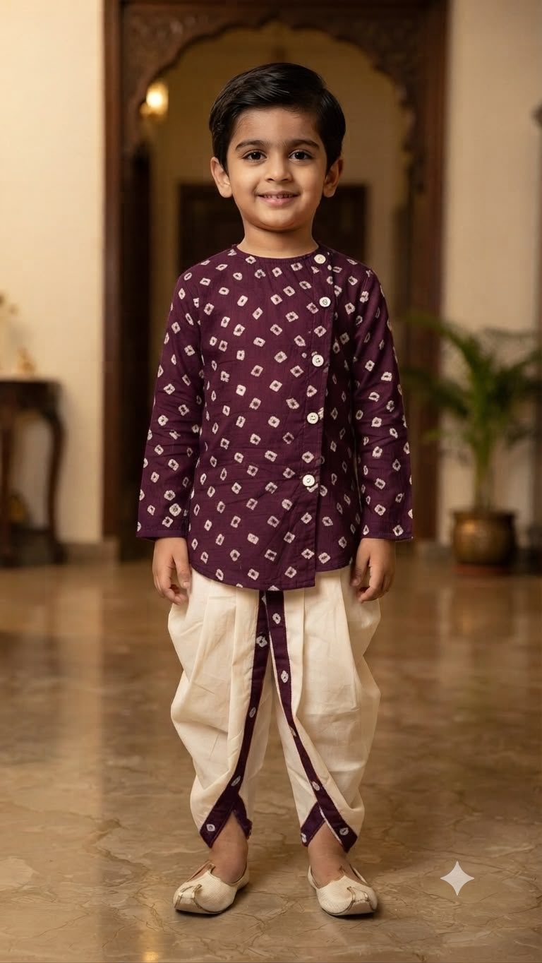 Cuddly Cubs Boys Plum Bandhani Kurta & Dhoti Set