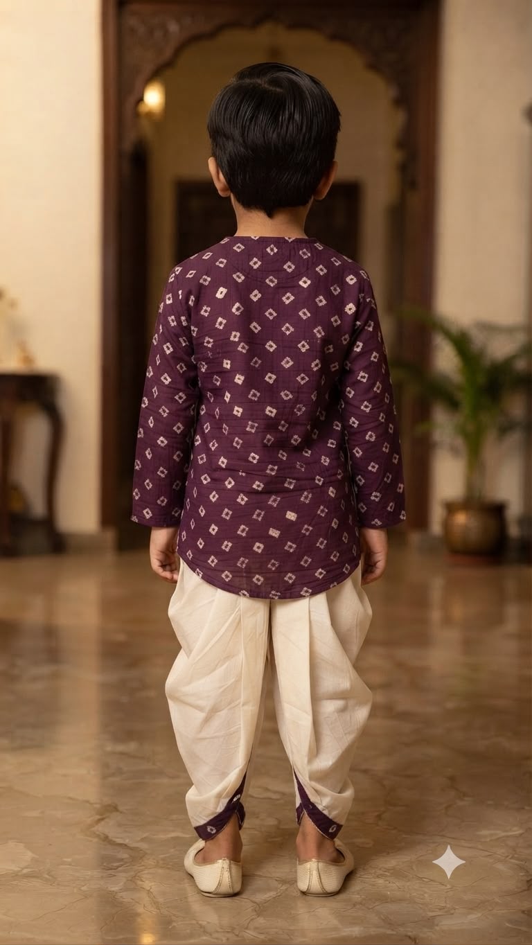 Cuddly Cubs Boys Plum Bandhani Kurta & Dhoti Set
