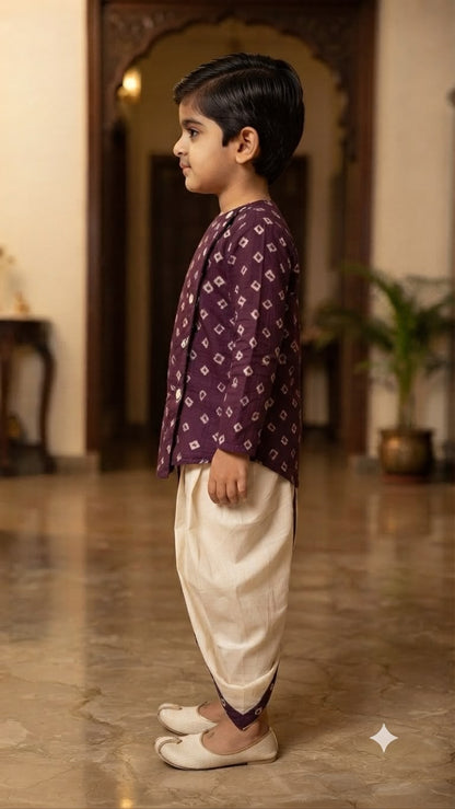 Cuddly Cubs Boys Plum Bandhani Kurta & Dhoti Set