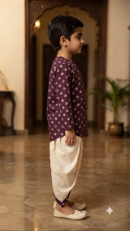 Cuddly Cubs Boys Plum Bandhani Kurta & Dhoti Set