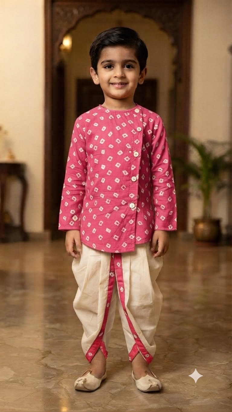 Cuddly Cubs Boys Pink Bandhani Kurta & Dhoti Set