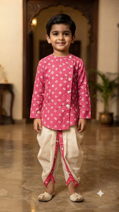 Cuddly Cubs Boys Pink Bandhani Kurta & Dhoti Set