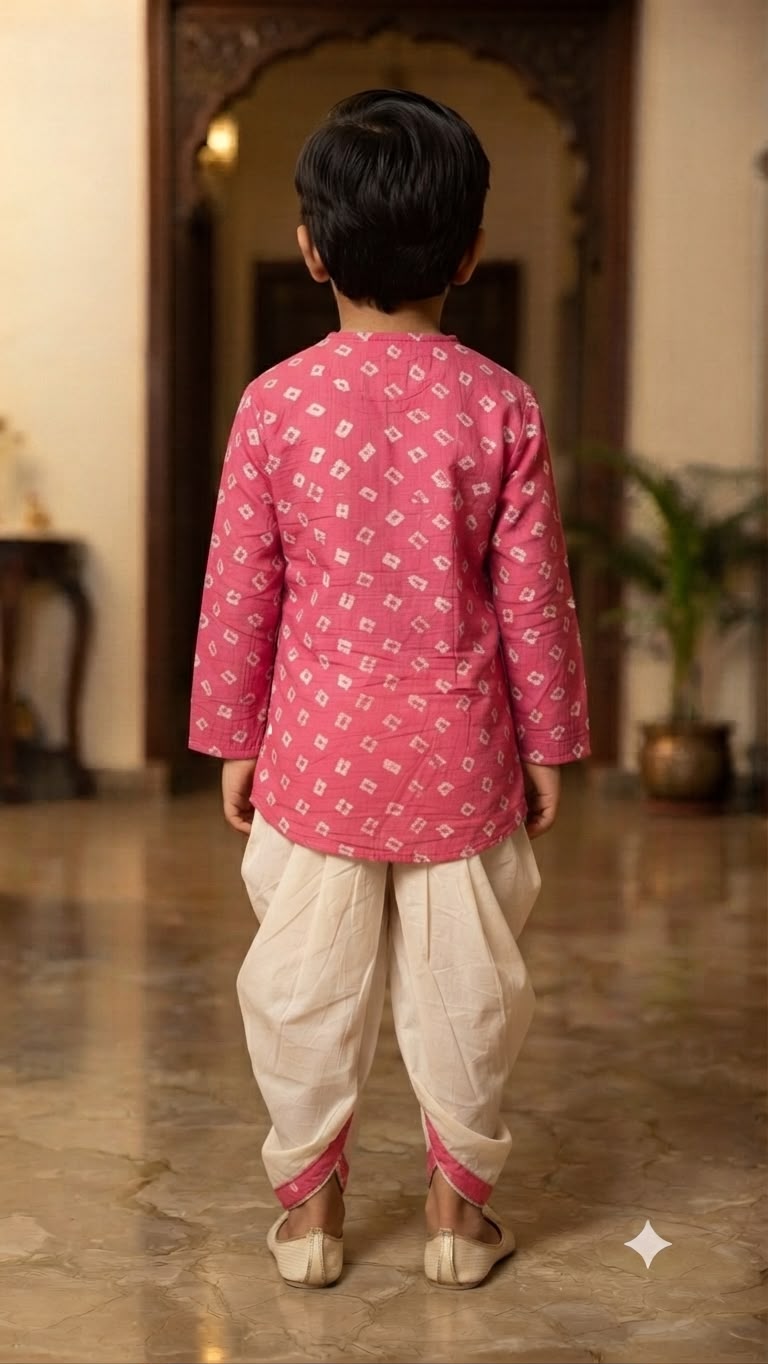 Cuddly Cubs Boys Pink Bandhani Kurta & Dhoti Set