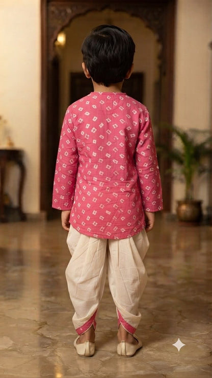 Cuddly Cubs Boys Pink Bandhani Kurta & Dhoti Set