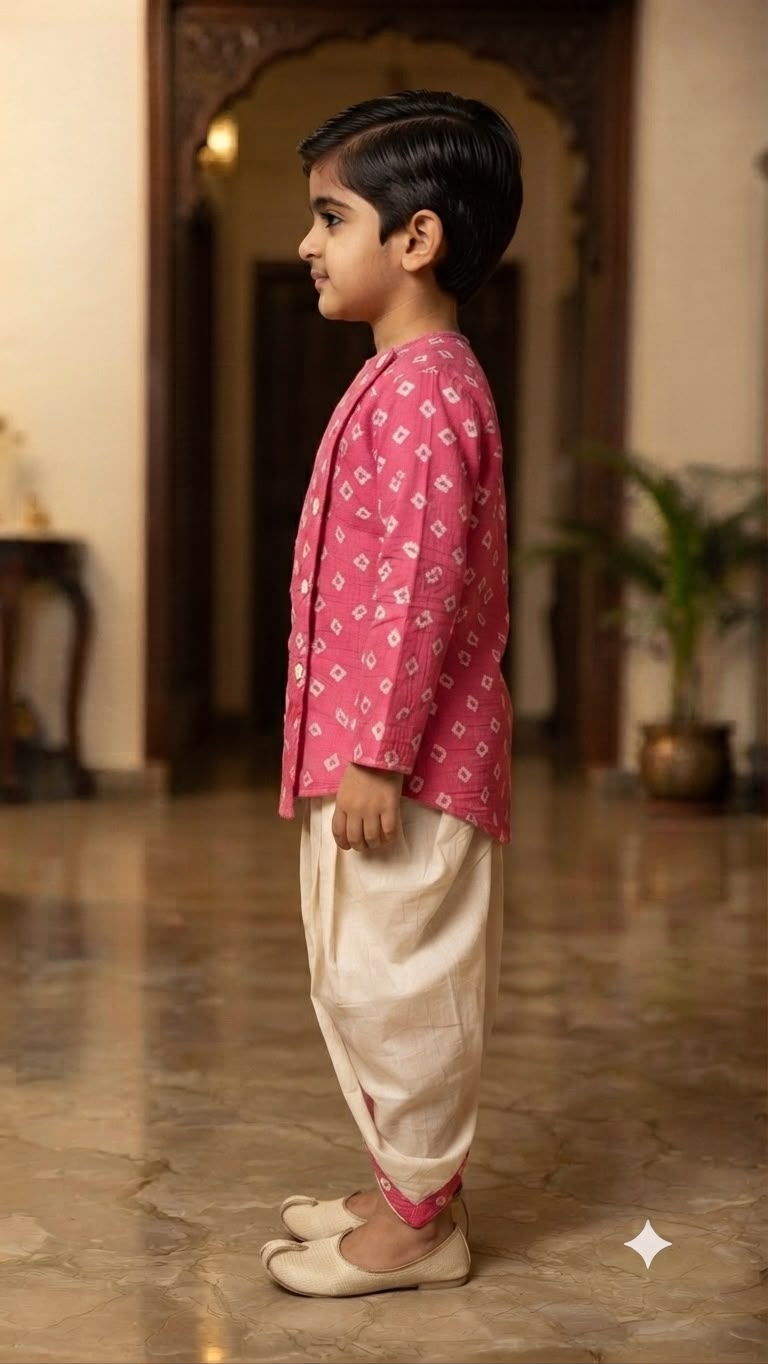 Cuddly Cubs Boys Pink Bandhani Kurta & Dhoti Set