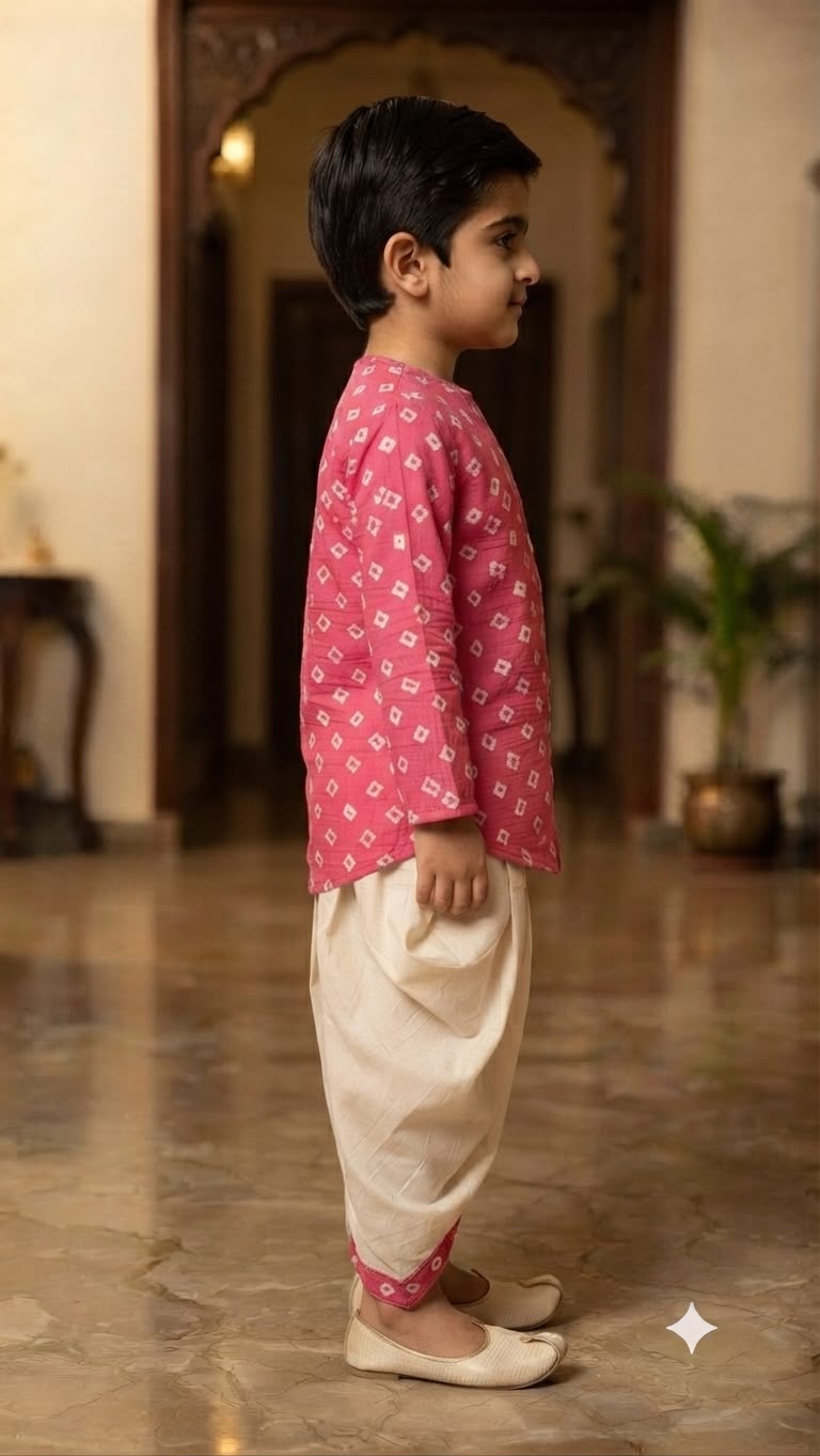 Cuddly Cubs Boys Pink Bandhani Kurta & Dhoti Set