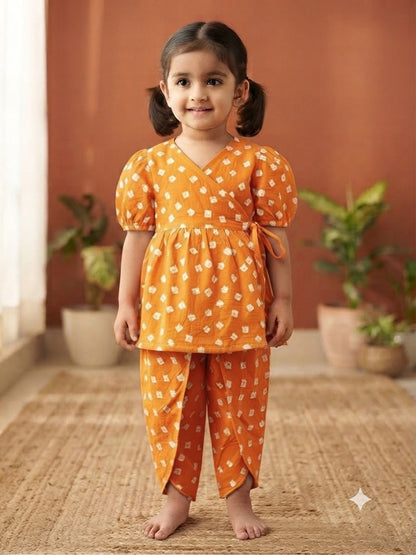 Cuddly Cubs Girls Saffron Bandhani Angrakha & Tulip Pant Set