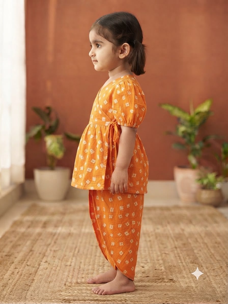 Cuddly Cubs Girls Saffron Bandhani Angrakha & Tulip Pant Set