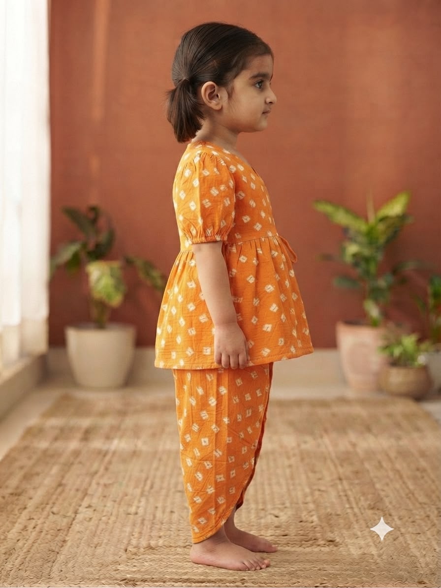 Cuddly Cubs Girls Saffron Bandhani Angrakha & Tulip Pant Set