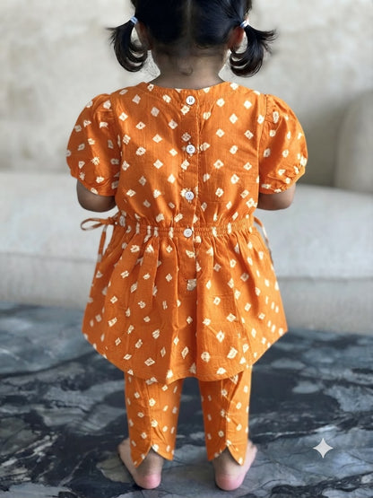 Cuddly Cubs Girls Saffron Bandhani Angrakha & Tulip Pant Set