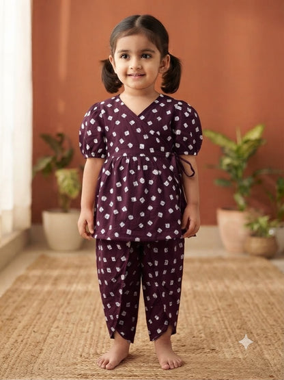 Cuddly Cubs Girls Plum Bandhani Angrakha & Tulip Pant Set