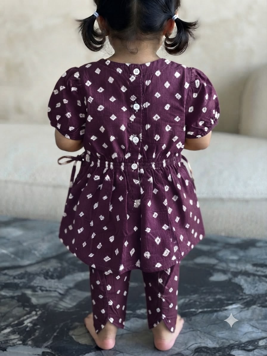 Cuddly Cubs Girls Plum Bandhani Angrakha & Tulip Pant Set