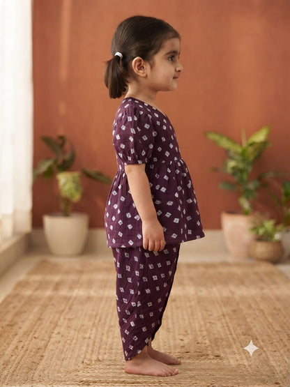 Cuddly Cubs Girls Plum Bandhani Angrakha & Tulip Pant Set