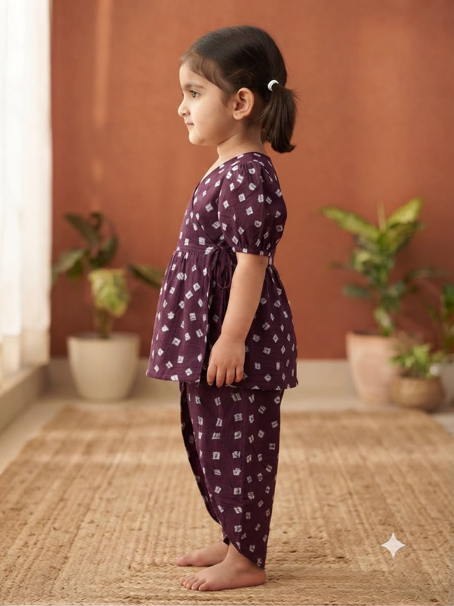 Cuddly Cubs Girls Plum Bandhani Angrakha & Tulip Pant Set