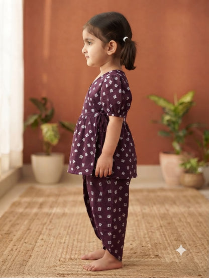 Cuddly Cubs Girls Plum Bandhani Angrakha & Tulip Pant Set