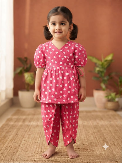 Cuddly Cubs Girls Pink Bandhani Angrakha & Tulip Pant Set